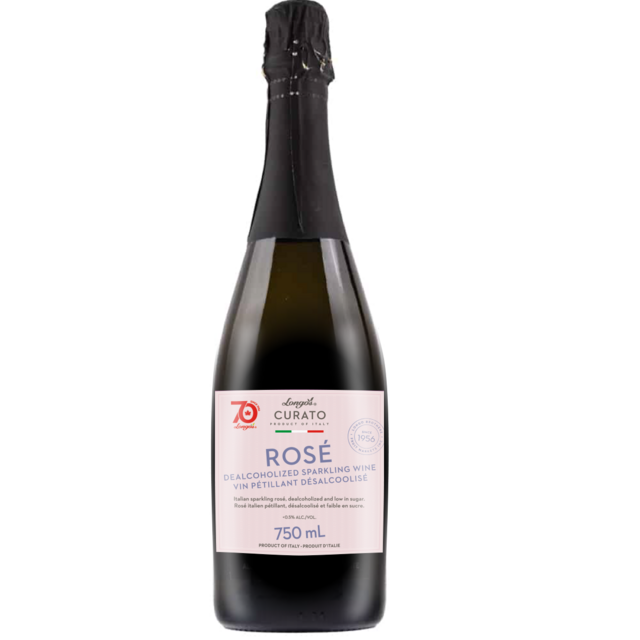 Bottle of Longo’s Curato Rosé dealcoholized sparkling wine, 750 mL, Italian non-alcoholic sparkling rosé.
